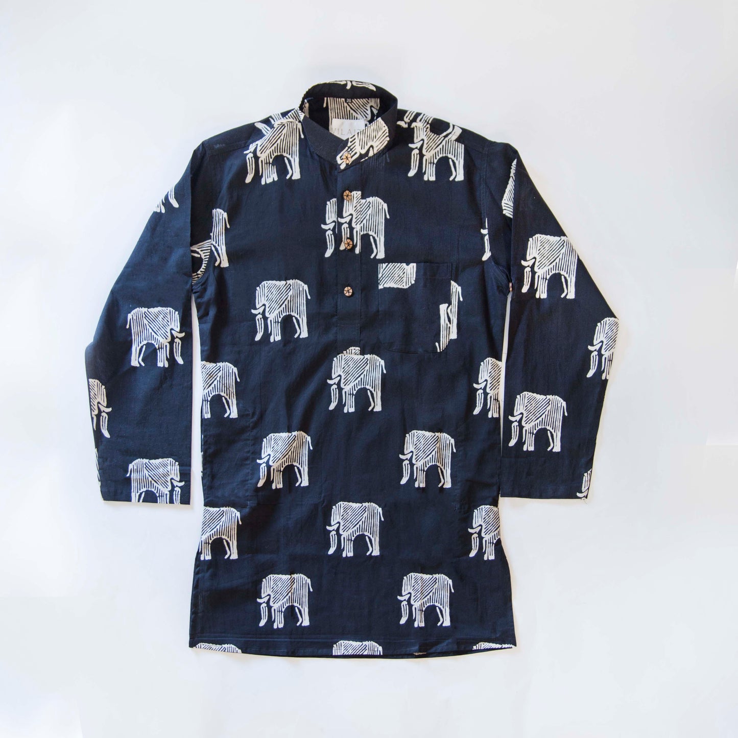 Elephant Bone Wild & Free The Elephant Bone Kurta. This loose fitting and airy Kurta pairs well with some jeans or chinos and boots or sneakers. Long sleeves to be kept stretched out or rolled up in place with wooden buttons on the elbows to maintain that cool and casual vibe. 100% Cotton Chest and Side Pockets Regular Fit Made in India