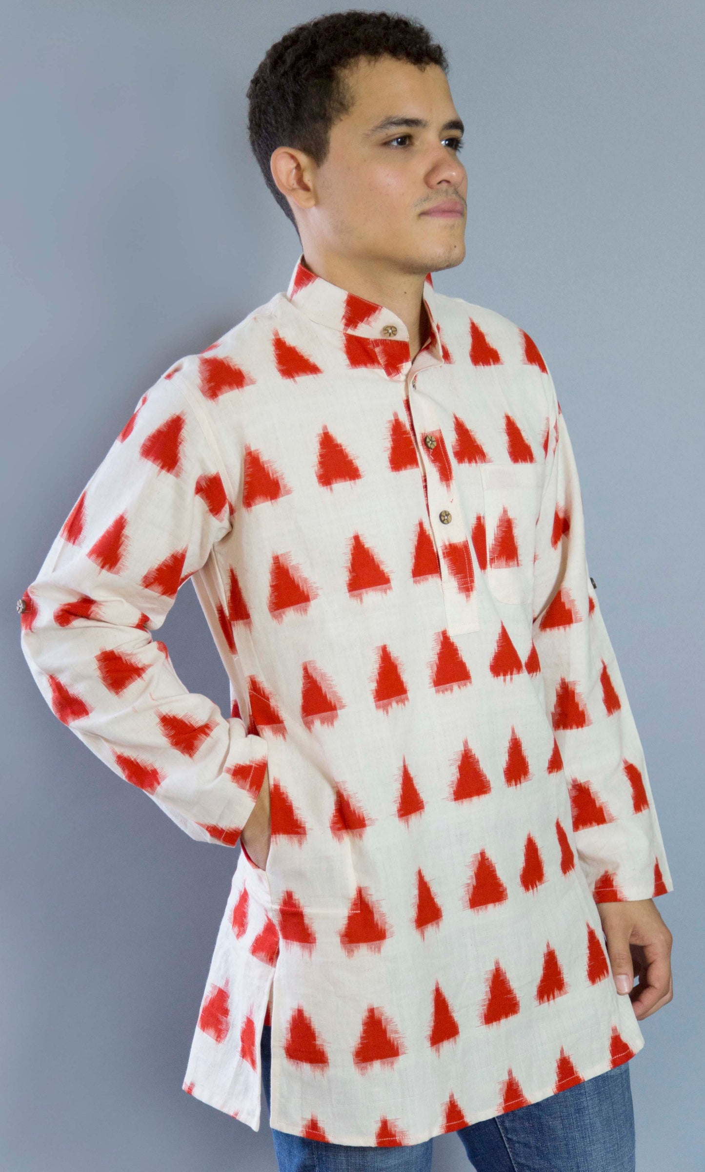 Ekaat Red Strong & Nomadic The Ekaat Red Kurta. This loose fitting and airy Kurta pairs well with some jeans or chinos and boots or sneakers. Long sleeves to be kept stretched out or rolled up in place with wooden buttons on the elbows to maintain that cool and casual vibe. 100% Cotton Chest and Side Pockets Regular Fit Made in India