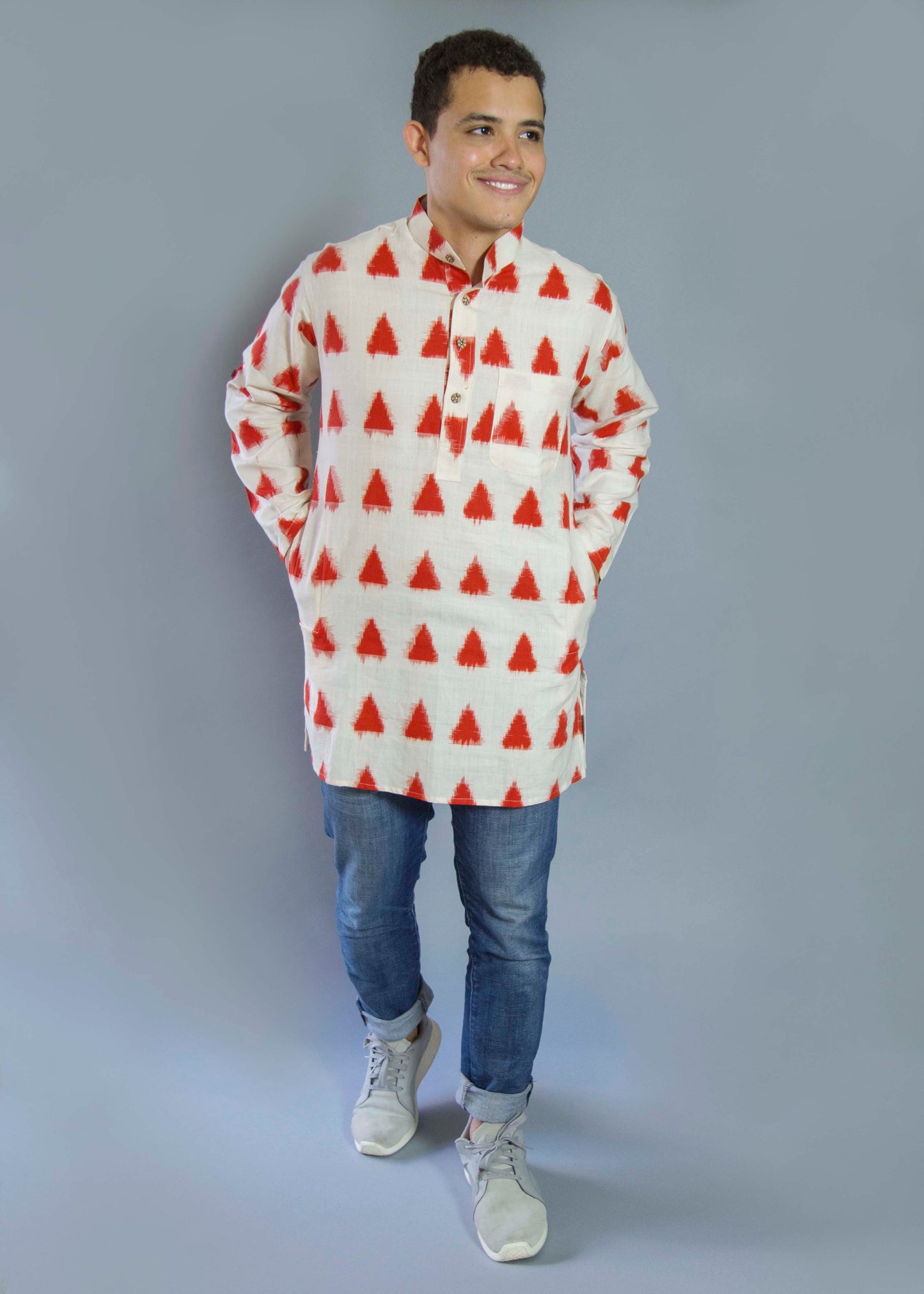 Ekaat Red Strong & Nomadic The Ekaat Red Kurta. This loose fitting and airy Kurta pairs well with some jeans or chinos and boots or sneakers. Long sleeves to be kept stretched out or rolled up in place with wooden buttons on the elbows to maintain that cool and casual vibe. 100% Cotton Chest and Side Pockets Regular Fit Made in India