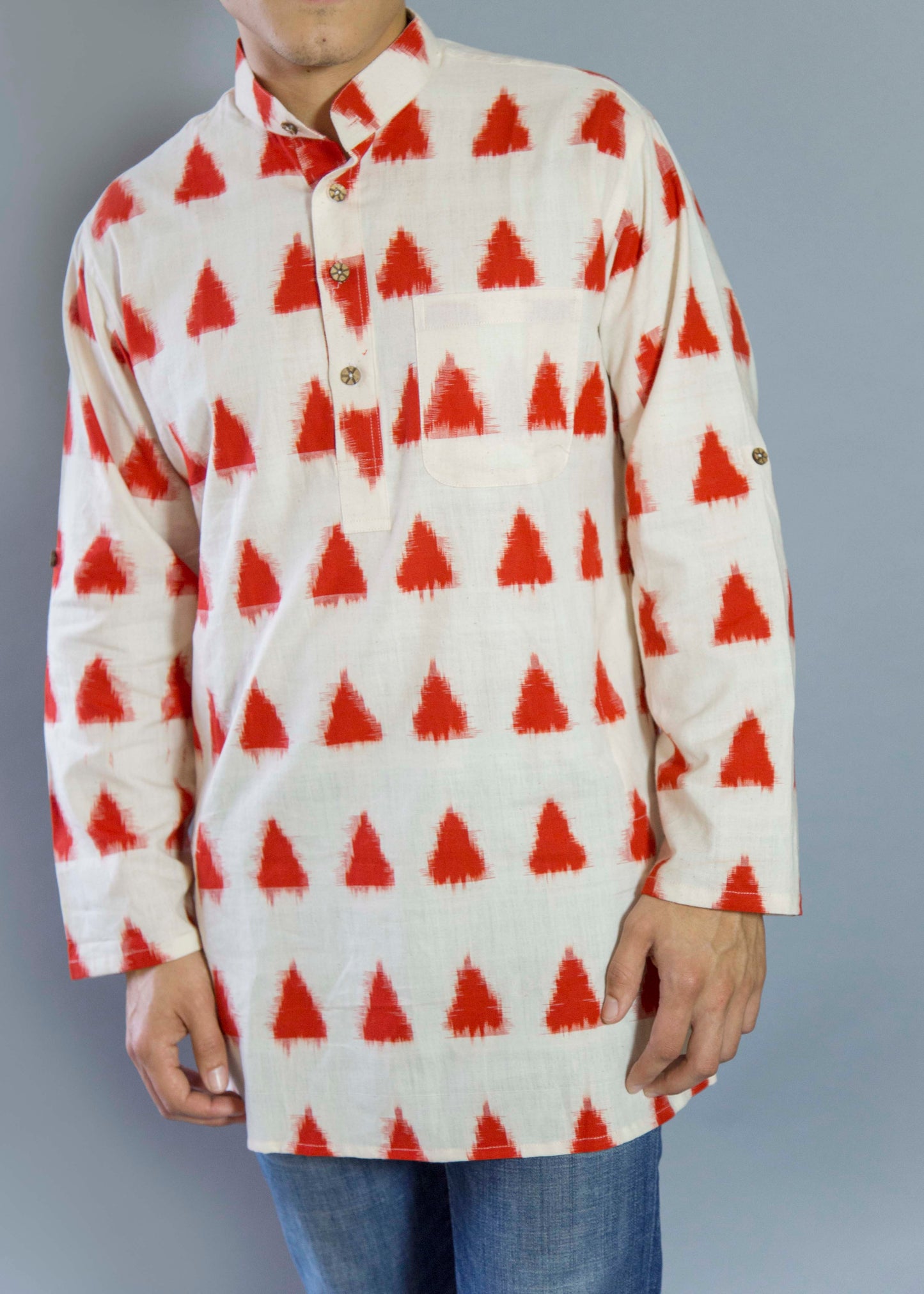 Ekaat Red Strong & Nomadic The Ekaat Red Kurta. This loose fitting and airy Kurta pairs well with some jeans or chinos and boots or sneakers. Long sleeves to be kept stretched out or rolled up in place with wooden buttons on the elbows to maintain that cool and casual vibe. 100% Cotton Chest and Side Pockets Regular Fit Made in India