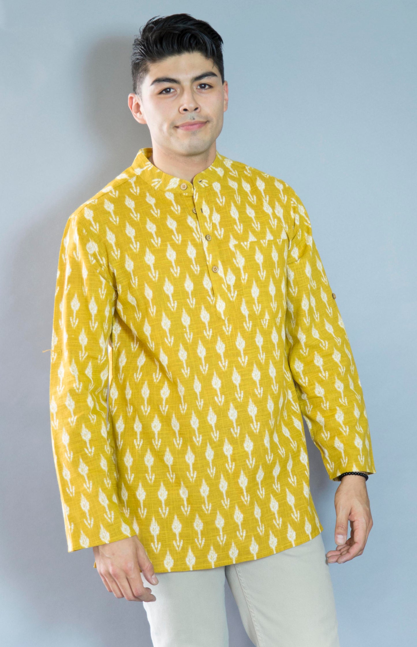 Wheat Crisp & Natural The Wheat Kurta. This loose fitting and airy Kurta pairs well with some jeans or chinos and boots or sneakers. Long sleeves to be kept stretched out or rolled up in place with wooden buttons on the elbows to maintain that cool and casual vibe. 100% Cotton Chest and Side Pockets Regular Fit Made in India