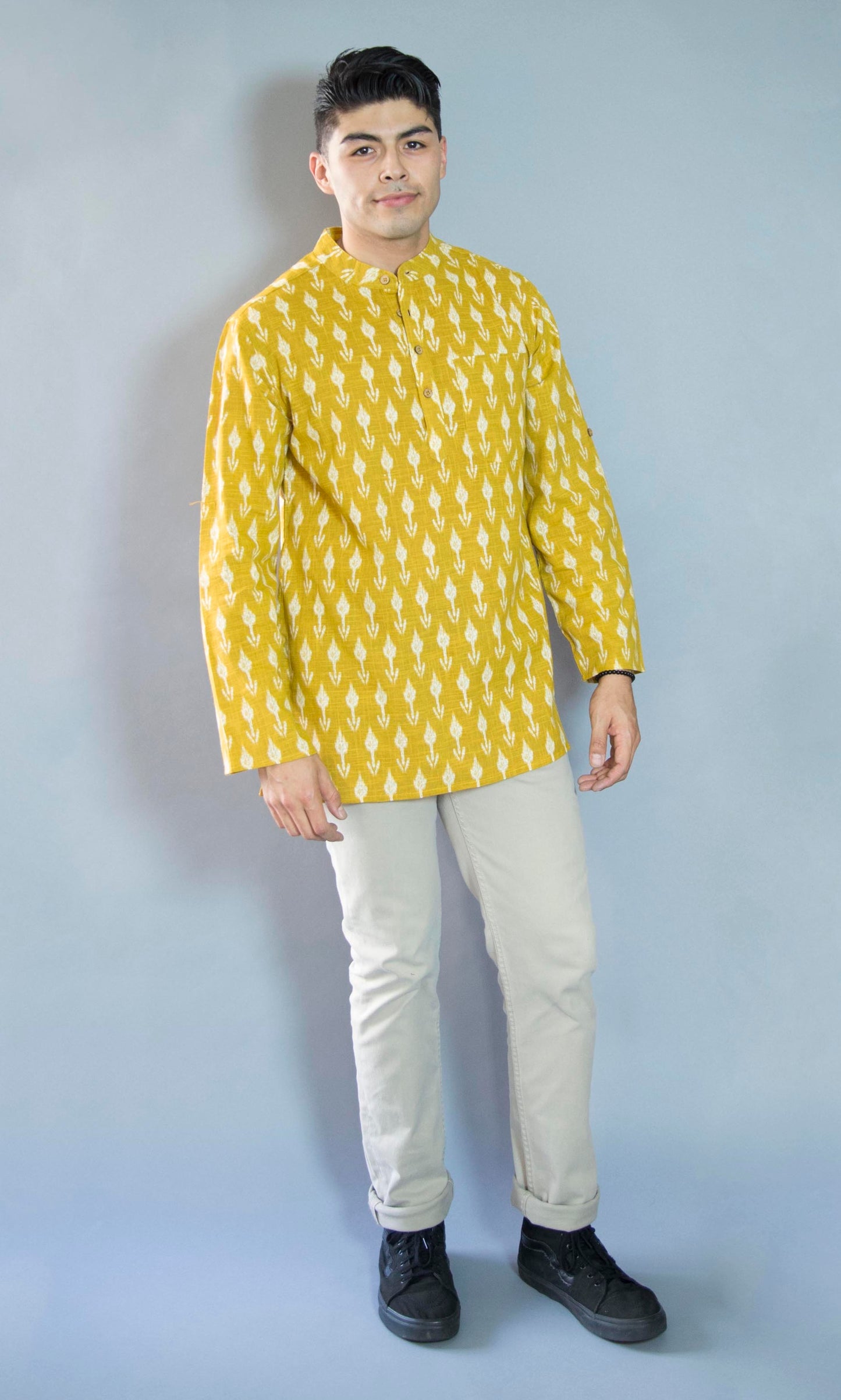 Wheat Crisp & Natural The Wheat Kurta. This loose fitting and airy Kurta pairs well with some jeans or chinos and boots or sneakers. Long sleeves to be kept stretched out or rolled up in place with wooden buttons on the elbows to maintain that cool and casual vibe. 100% Cotton Chest and Side Pockets Regular Fit Made in India