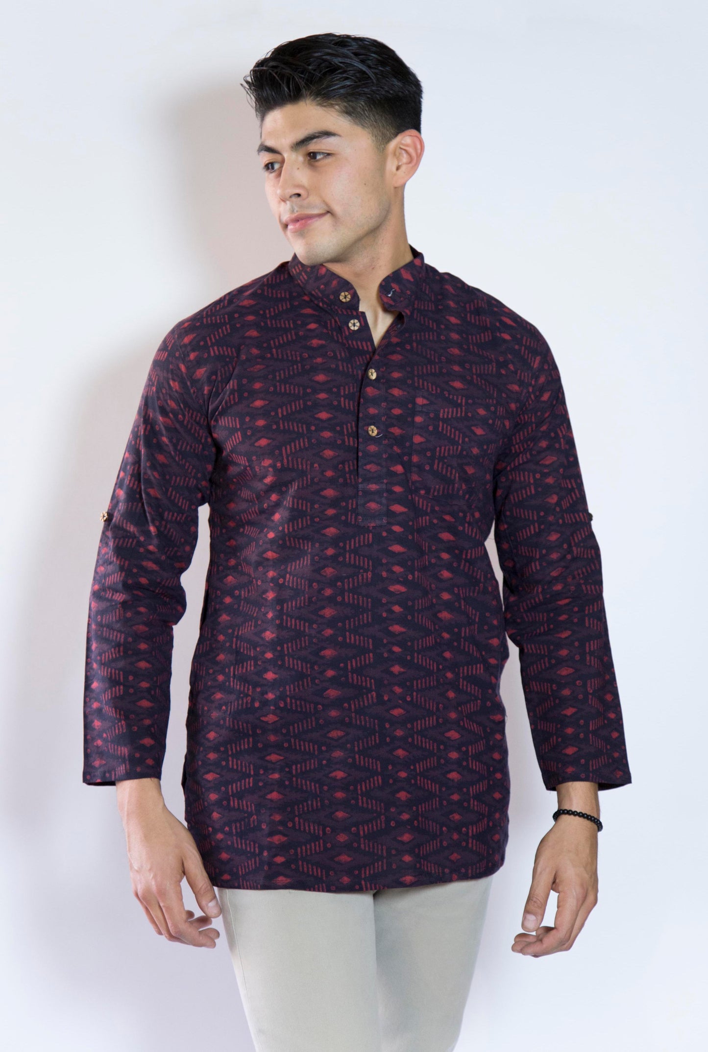 Diamond Red Brash & Rad The Diamond Red Kurta. This loose fitting and airy Kurta pairs well with some jeans or chinos and boots or sneakers. Long sleeves to be kept stretched out or rolled up in place with wooden buttons on the elbows to maintain that cool and casual vibe. 100% Cotton Chest and Side Pockets Regular Fit Made in India