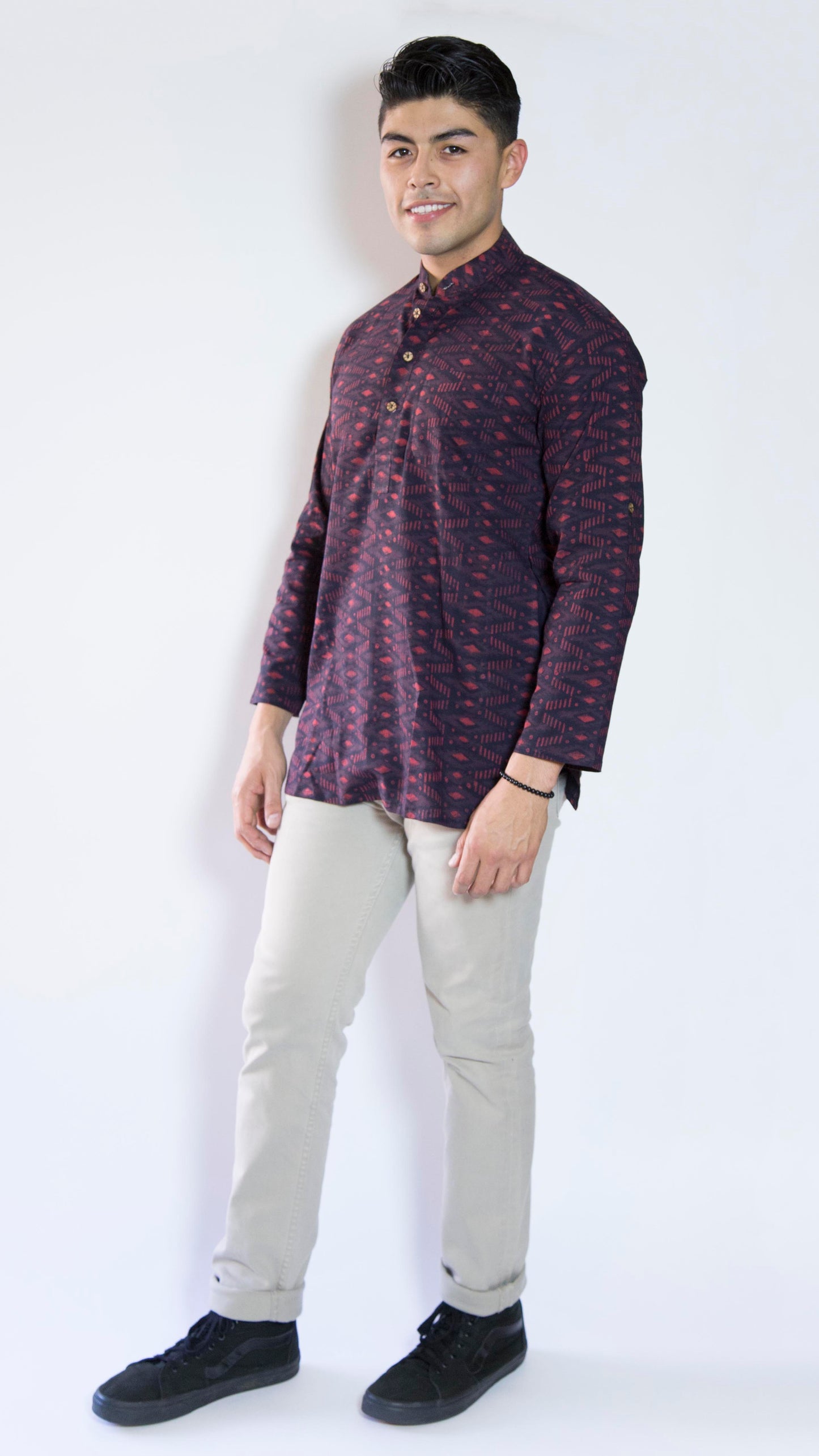 Diamond Red Brash & Rad The Diamond Red Kurta. This loose fitting and airy Kurta pairs well with some jeans or chinos and boots or sneakers. Long sleeves to be kept stretched out or rolled up in place with wooden buttons on the elbows to maintain that cool and casual vibe. 100% Cotton Chest and Side Pockets Regular Fit Made in India