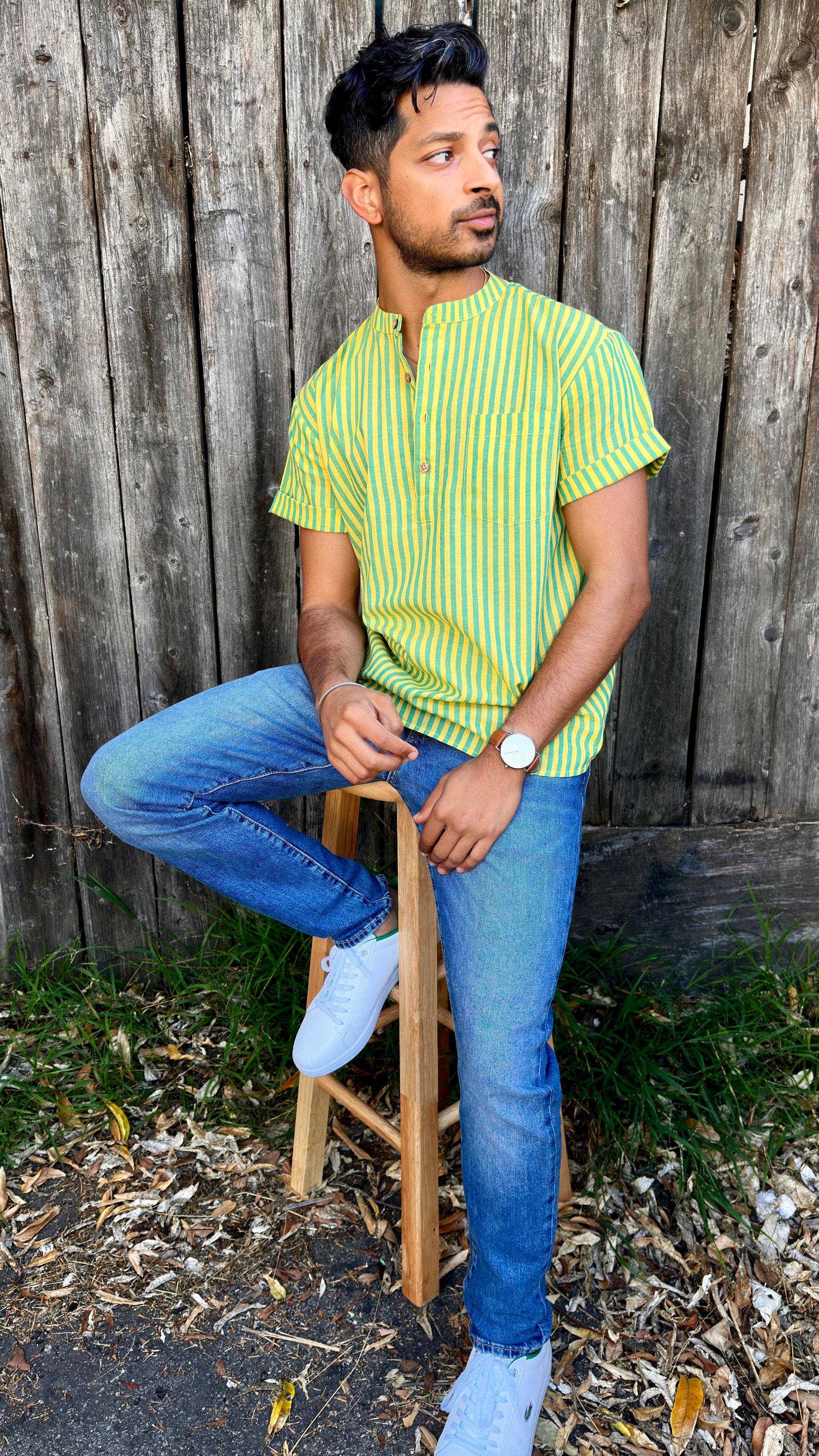 Vasant (Spring) Kurta Band Collar Men's Shirts Quarter Button Cotton. Showcasing the signature South Asian Band Collar neck coupled with coconut button enclosures; The Kurta effortlessly blends Eastern aesthetics with Western style. Quarter button, green & turquoise stripes. A shirt designed to be a South Asian inspired elevated casual cotton shirt. 