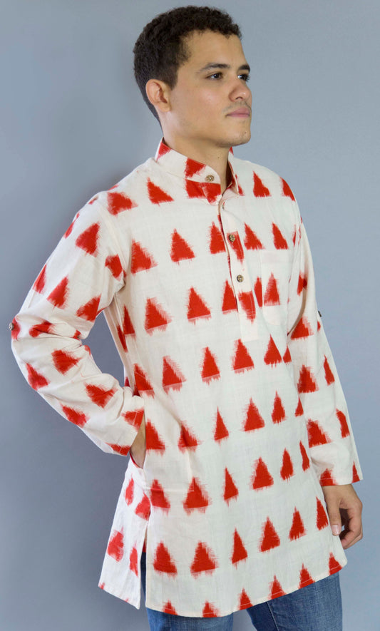 Ekaat Red Strong & Nomadic The Ekaat Red Kurta. This loose fitting and airy Kurta pairs well with some jeans or chinos and boots or sneakers. Long sleeves to be kept stretched out or rolled up in place with wooden buttons on the elbows to maintain that cool and casual vibe.   100% Cotton  Chest and Side Pockets  Regular Fit Made in India